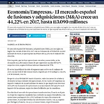 El mercado espaol de fusiones y adquisiciones (M&A) crece un 44,22% en 2017, hasta 113.090 millones